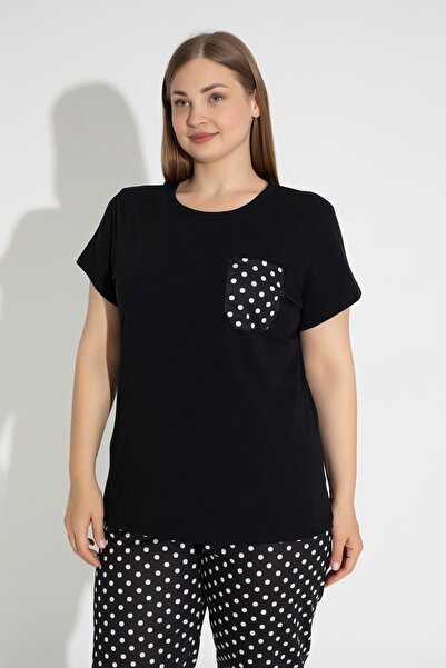 MyBen Siyah Puantiye Desenli Kısa Kollu Rahat Kesim Büyük Beden Puantiyeli Kapri Pijama Takımı 30009