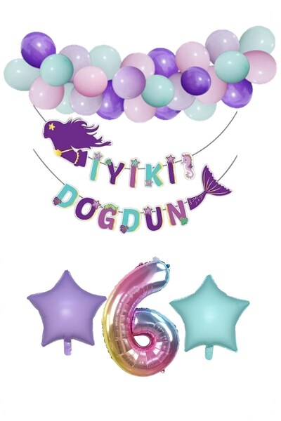 Parti Furyası Deniz Kızı Konsept Balon Seti 6 yaş Parti Doğum Günü Konsept Pa...