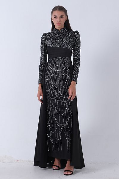 Feminist Black Hijab Evening Dress - With Glitter Embroidery and Sash Detail6502465