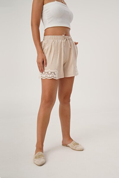 Hipo Trend شورت بيج - خصر مطاطي وتفاصيل جبر