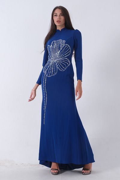 Feminist Beaded Stone Embroidered Flower Patterned Hijab Evening Dress - Saks6502487