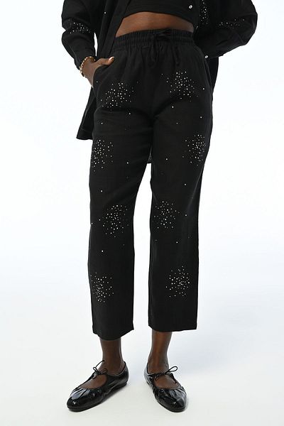 Orfeo Negro Women's Elastic Waist 100% Linen Rhinestone Comfortable Fit Black Pants