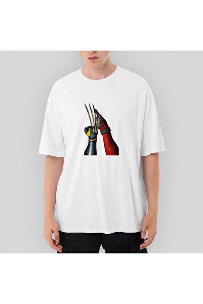 Z zepplin Deadpool Wolverine Poster Patterned Oversize White T-Shirt