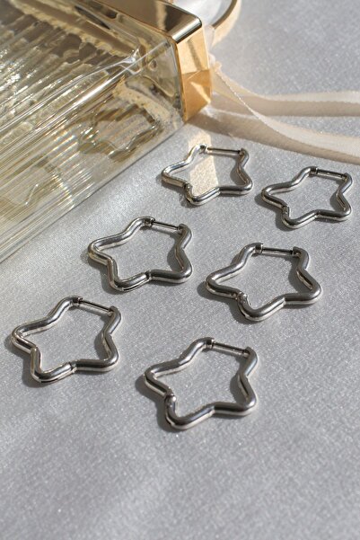 peony jewelry Gümüş Rengi Paslanmaz Çelik 2,5 Cm Yıldız Tasarımlı Halka Model Trend Küpe (1 ÇİFT)
