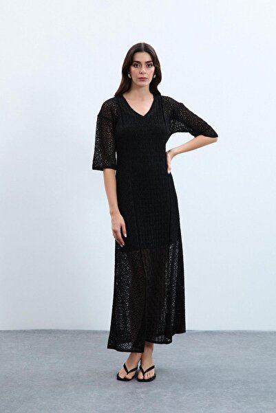 Serianno V Yaka Metalik İp Detaylı ElbiseELB9520SİYAH