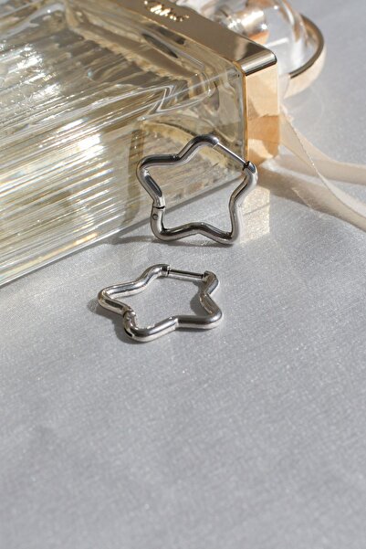 peony jewelry Gümüş Rengi Paslanmaz Çelik 2,5 Cm Yıldız Tasarımlı Halka Model Trend Küpe (1 ÇİFT)