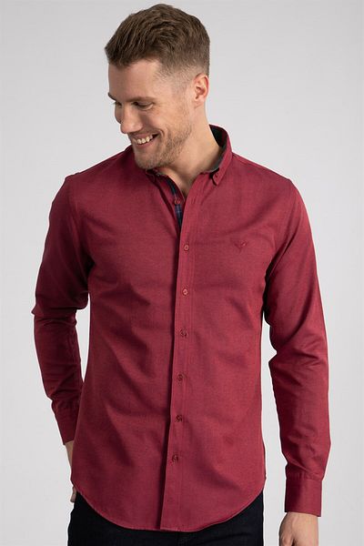 Tudors Ανδρικό πουκάμισο Oxford Cotton Slim Fit - Μακρυμάνικο, Φούξια γιακά με Κουμπιά, Εύκολο σιδέρωμα