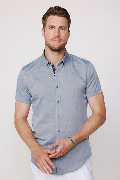 Tudors Ανδρικό βαμβακερό μπλουζάκι Oxford Green Slim Fit - Easy Iron, κοντό μανίκι, γιακάς με κουμπιά