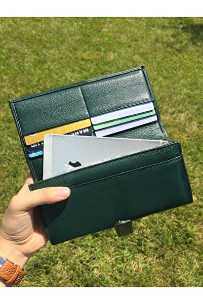 DERKON Portofel de damă din piele naturală verde cu flori de viață