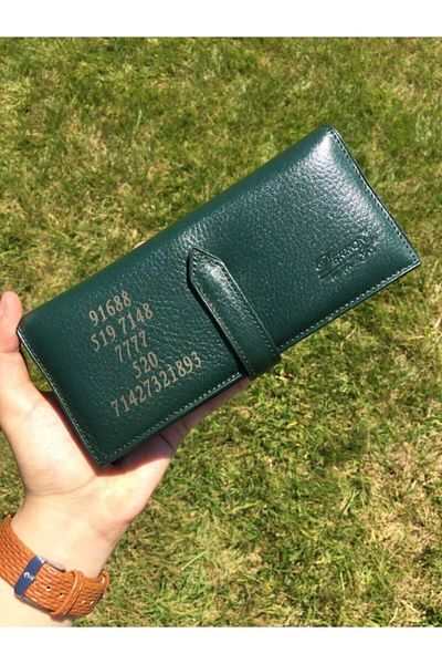 DERKON Green Genuine Leather Women's Wallet with Flowers of Life