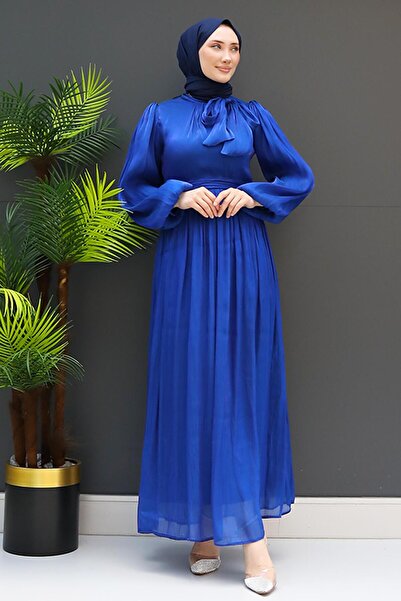 GİZ AGİYİM Νυχτερινό Μπλε Μεταξωτό Φόρεμα - Κολάρα