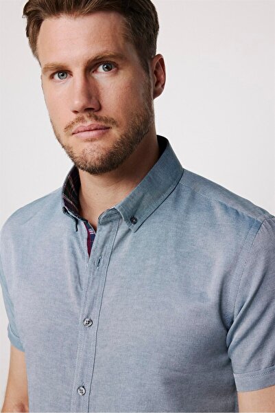 Tudors Ανδρικό βαμβακερό μπλουζάκι Oxford Green Slim Fit - Easy Iron, κοντό μανίκι, γιακάς με κουμπιά