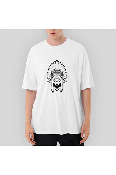 Z zepplin Wolf Pattern Native American Oversize White T-Shirt