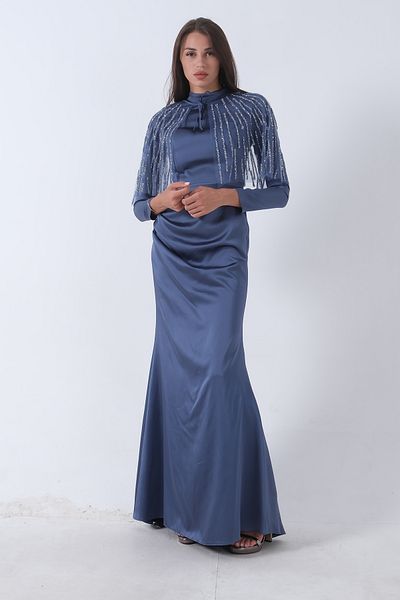 Feminist Indigo Hijab Evening Dress - Mobile Collar with Shawl Ayrobin Attachment6502477