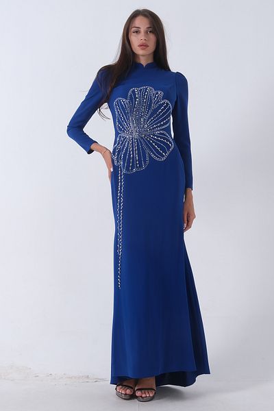 Feminist Beaded Stone Embroidered Flower Patterned Hijab Evening Dress - Saks6502487