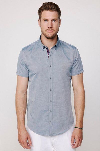 Tudors Ανδρικό βαμβακερό μπλουζάκι Oxford Green Slim Fit - Easy Iron, κοντό μανίκι, γιακάς με κουμπιά