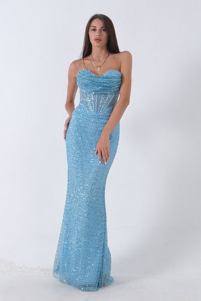Feminist Rochie de seara cu paiete albastre brodate cu piatra - 9705304