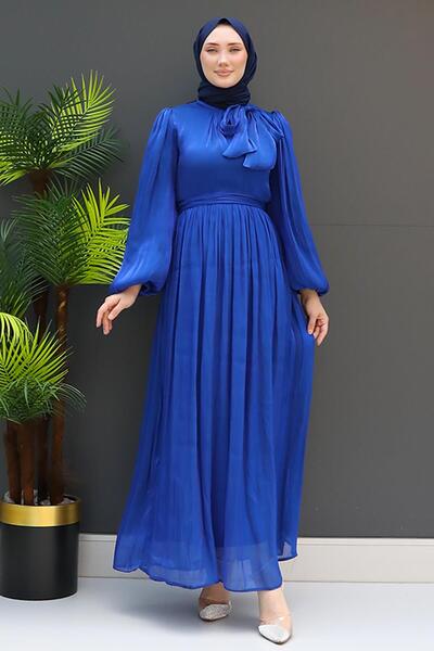 GİZ AGİYİM Νυχτερινό Μπλε Μεταξωτό Φόρεμα - Κολάρα