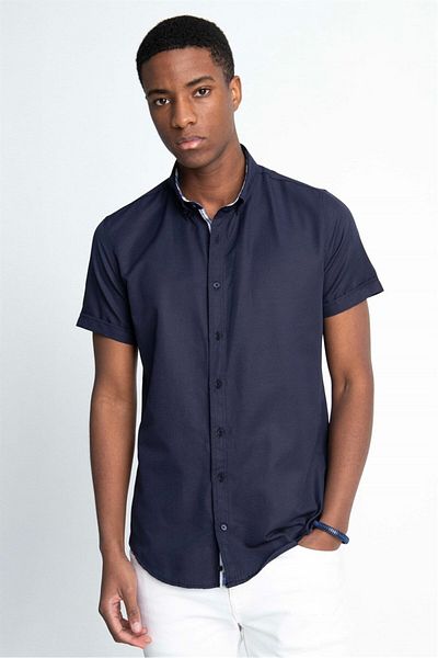 Tudors Μπλε Navy Slim Fit Oxford βαμβακερό πουκάμισο - κοντό μανίκι, γιακάς με κουμπιά