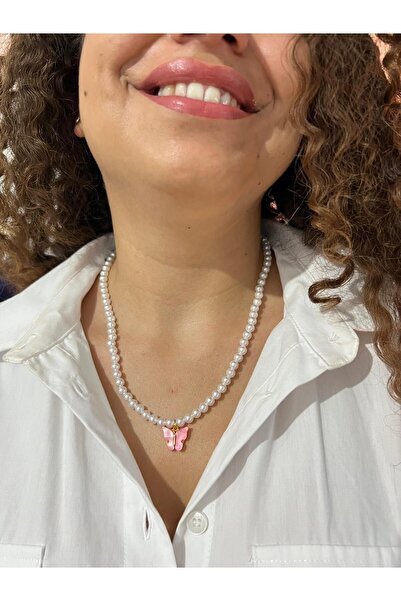 Luminoso Pembe Kelebekli Incili Kolye