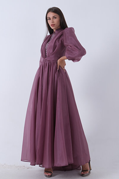 Feminist Ön Göğüs Taş Detaylı Belden Bağlamalı Astarlı Tesettür Abiye Lavanta...