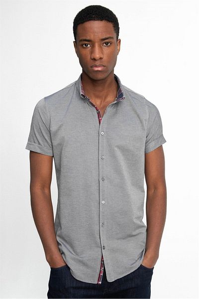 Tudors Ανδρικό γκρι μπλουζάκι Oxford Slim Fit - Εύκολο σιδερένιο, κοντό μανίκι, γιακάς με κουμπιά