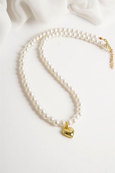 EUROMODA Gold and Silver Pearl Heart Design Necklace and Earring Suit Set