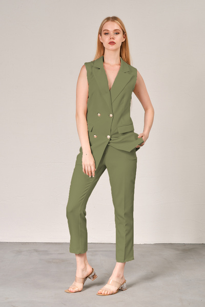 diaves Haki Blazer Yelek Boru Paça Pantolon Atlas Kumaş Takım Elbise