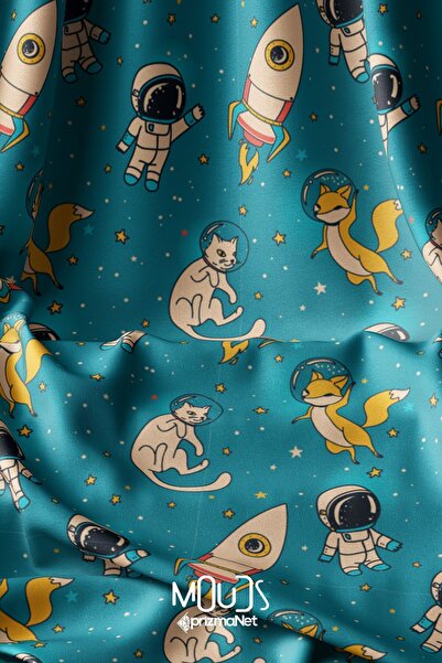 Moud's Astronaut Cat Fox Patterned - Digital Printed Suede Fabric, 155cm Kms-500