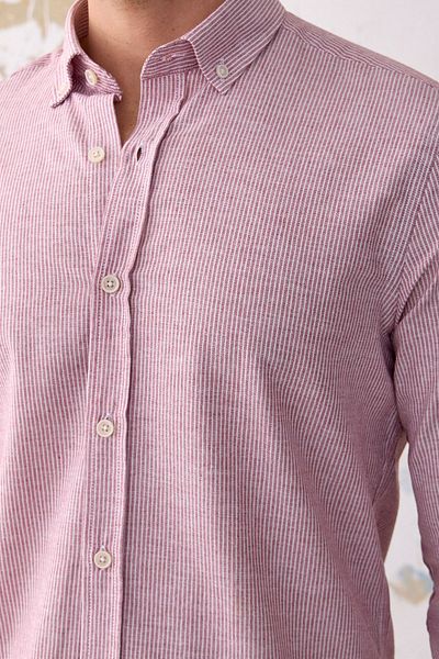 RAVANELLI Giza Men's - Red-White Striped Slim Fit Linen Look Cotton Shirt