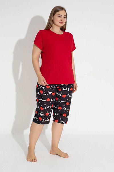 MyBen Plus Size Red Love Printed Comfortable Capri Pajamas Set - Short Sleeve 30003