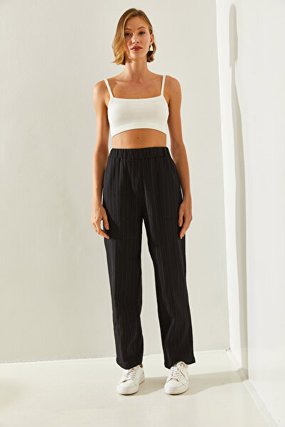 Bianco Lucci Dámské kalhoty s lněnou texturou – velká kapsa, elastický pas60251292