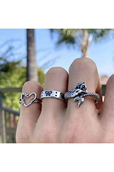 Vintageamer القوطية الهيب هوب القلب حورية البحر خاتم الفضة