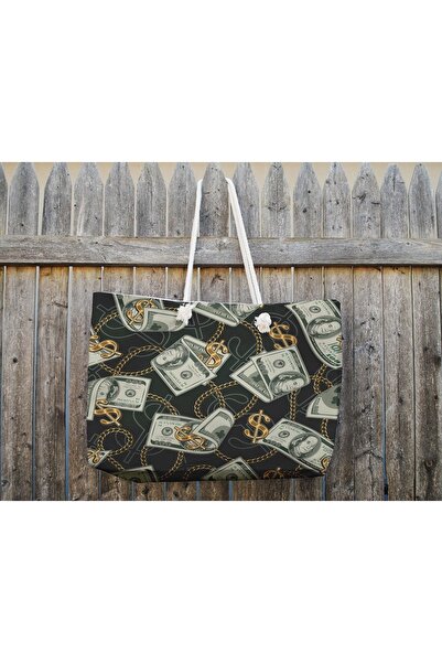 Erays Home Erayshome Dolar Desenli Baskılı Fermuarlı Astarlı Plaj Çantası Alı...