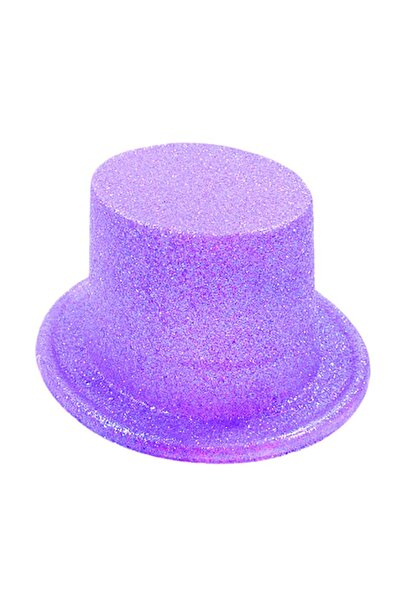 moysahsap party&ahşap Floresan Mor Renk Simli Uzun Fötr Melon Şapka 12 cm