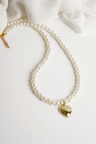 EUROMODA Gold and Silver Pearl Heart Design Necklace and Earring Suit Set
