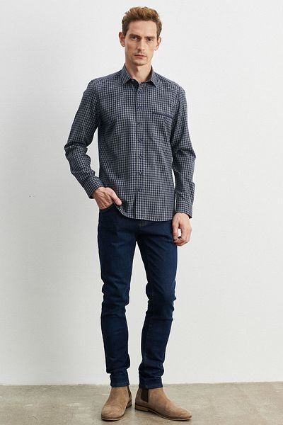 ALTINYILDIZ CLASSICS Marineblau-graues Slim-Fit-Holzfällerhemd aus Flanell mit Gingham-Kragen und Button-up-Kragen für Herren