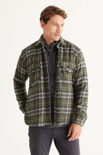 AC&Co / Altınyıldız Classics Pánská khaki oversize kostkovaná zimní košilová bunda s volným střihem na knoflíky
