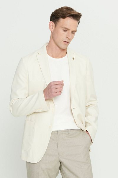 AC&Co / Altınyıldız Classics Men's Beige Slim Fit Slim Fit Linen Mono Collar Blazer Jacket with Bag Pocket