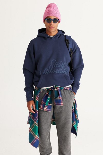 AC&Co / Altınyıldız Classics Ανδρικό φούτερ Indigo Oversize Loose Cut με κουκούλα 3 κλωστών με στάμπα με φλις μέσα