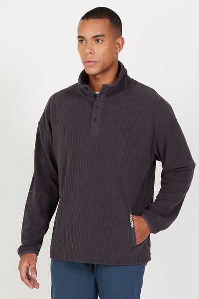 AC&Co / Altınyıldız Classics Dunkelgraues Jacquard-Sweatshirt aus weichem Fleece mit Knöpfen für Herren – Stehender Bato-Kragen, lockere Passform