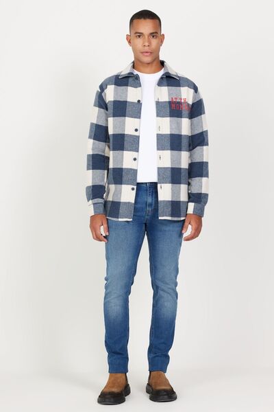 AC&Co / Altınyıldız Classics Pánská károvaná košile s klopou a knoflíkem v námořnické modro-béžové vlně Comfort Fit