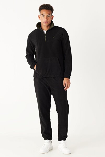 AC&Co / Altınyıldız Classics Men's Black-khaki Standard Fit Normal Cut High Bato Collar Bottom-top Fleece Tracksuit Set