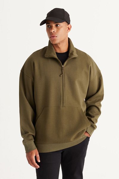 AC&Co / Altınyıldız Classics Ανδρικό φούτερ χακί Oversize, φλις με κλωστή, ψηλό μπατόν με γιακά