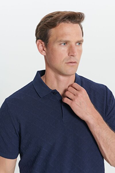 AC&Co / Altınyıldız Classics Men's Indigo Standard Fit Regular Cut Cotton Diamond Patterned Polo Collar T-Shirt