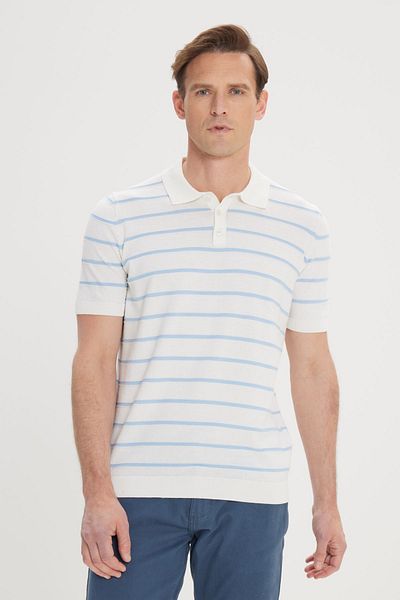 AC&Co / Altınyıldız Classics Pánské úpletové tričko Ecru-Blue Standard Regular Fit 100% bavlna s pruhovaným polo límečkem