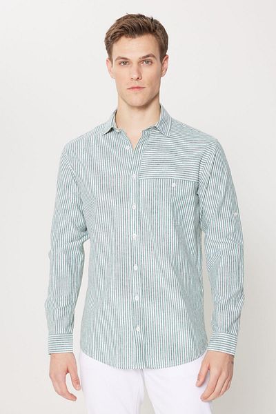 AC&Co / Altınyıldız Classics Green-Ecru Linen Comfort Fit - Ανδρικό πουκάμισο με ριγέ κλασικό γιακά με χαλαρή εφαρμογή