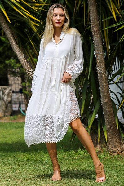 Chiccy Rochie Casual Albă din Dantela - Guler Richter, Maneca 3/4, Nasturi