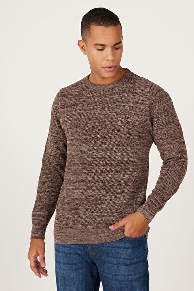 ALTINYILDIZ CLASSICS Ανδρικά πλεκτά με λαιμόκοψη με σχέδιο ρυζιού - Καφέ-Μπεζ, Standard Fit