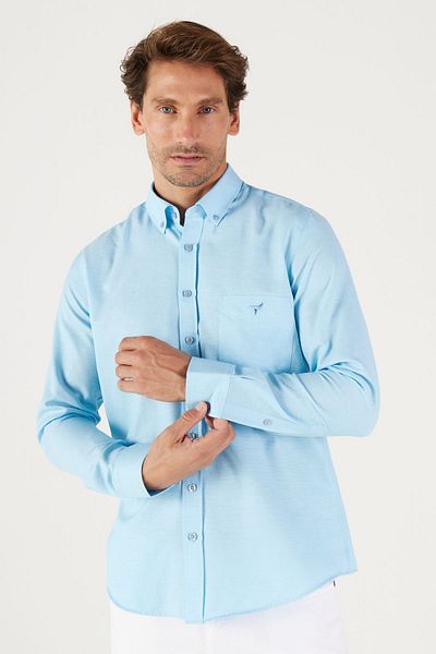 AC&Co / Altınyıldız Classics Men's Light Blue Slim Fit Slim Fit Button Collar Cotton Pocket Oxford Shirt